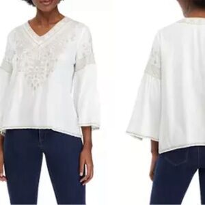 Boho Embroidered Peasant Tunic Top Bell Sleeve Vintage Vibe Cottagecore M NWT